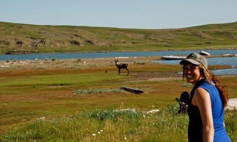 Jodi with a caribou, Herschel Island