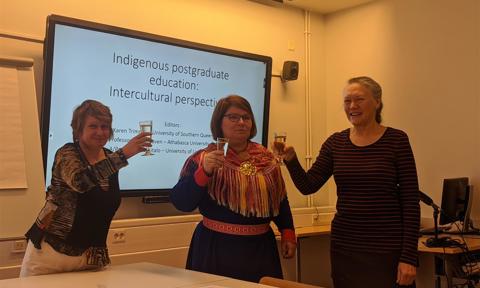 The editors Karen Trimmer, Pigga Keskitalo and Debra Hoven in book launch