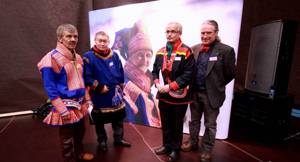 Signing of agreement on EALAT Institute, March 2009 from left Johan Mathis Turi, Dimitri Ottovich Khorolya, Steinar Pedersen, and Lars Kullerud