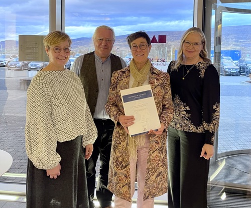 Photo by Marikaisa Laiti.  VP Networks Kirsi Latola, President Lars Kullerud, leader of Thematic Network Verdde Indigenous Education Marikaisa Laiti and Manager of Thematic Networks Heli Niittynen.