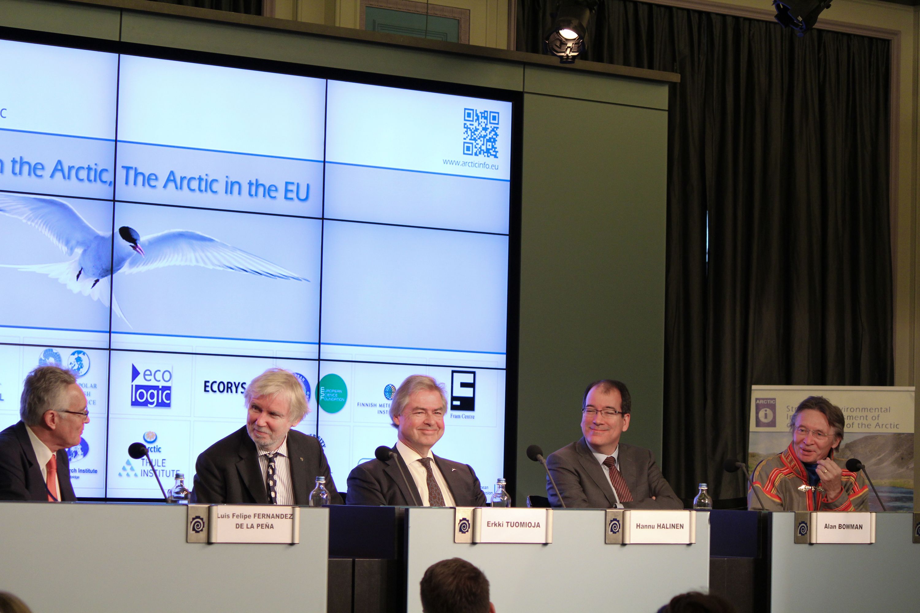 Richard Tibbels (Head of the Eastern Partnership, Regional Cooperation and OSCE Division at the European External Action Service, replacement for Luis Felipe Fernández de la Peña who had to leave), Erkki Tuomioja (Minister for Foreign Affairs of Finland), Hannu Halinen (Arctic Ambassador of Finland), Alan Bowman (Deputy Head of Mission at the Mission of Canada to the European Union) and Lars Anders Baer (Senior member of the Working Group of Indigenous Peoples on the Barents Euro-Arctic Council) take part in the opening session of “The EU in the Arctic, the Arctic in the EU” seminar in Brussels, Belgium, 11 September 2014.