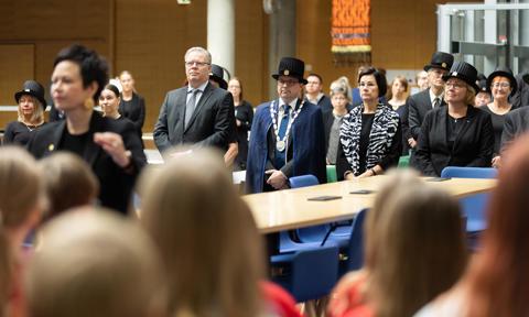 Administrative director Ari Konu, Principal Antti Syväjärvi, Permanent Secretary of OKM Anita Lehikoinen and education Vice-principal Satu Uusiautti.