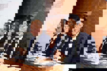 Oskari Lampi, Ambassador Anne Kari Ovind, and Dr. Kim Jong-Deog (left to right) answer questions from students.