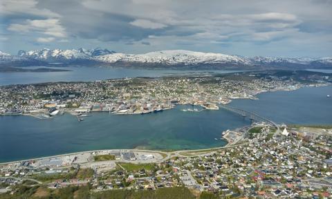 Tromsø. Akvaplan Niva´s Headquarters can be seen on the island´s embankment, to the left. University of Tromsø is visible all the way to the right.